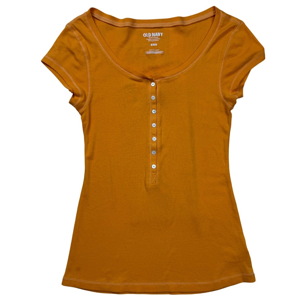 VTG Y2K Old Navy Perfect Henley Short Sleeve Shirt Orange Scoop Neck Medium